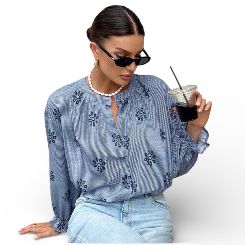 SHEIN Blue Floral Print Long Sleeve Peasant Blouse